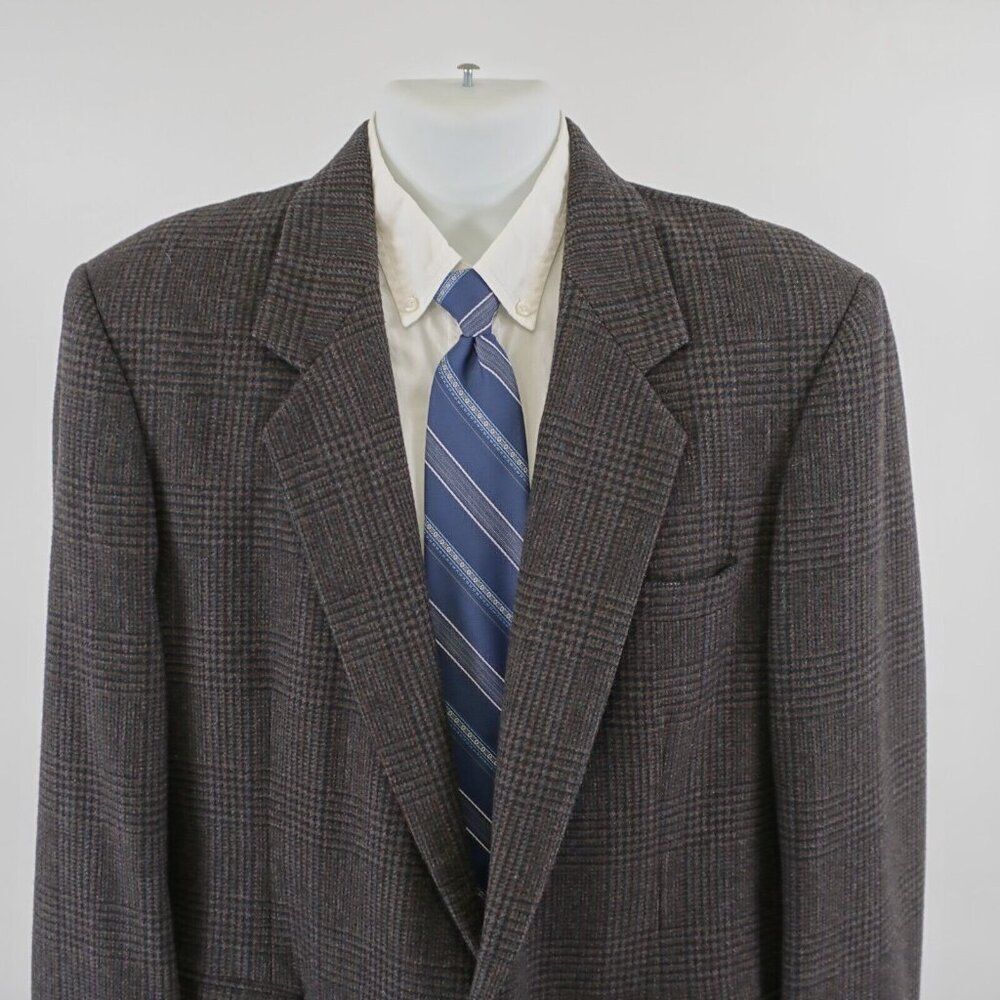 Haggar Tweed Wool Brown Glen Plaid Sport Coat 42L W/ Multi-Colored Stripes